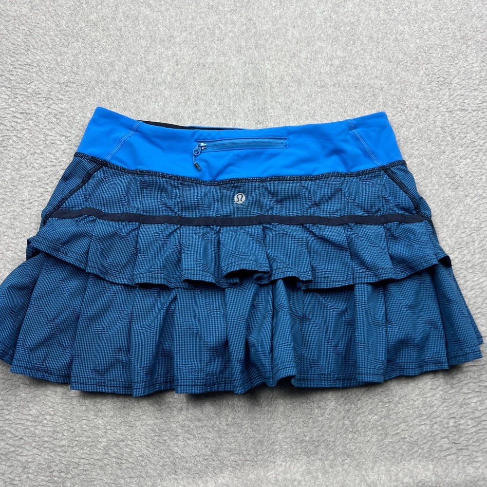 Lululemon Run Pace Setter Skirt Womens 6 Blue Check Athletic Tennis Skirt W8344R
